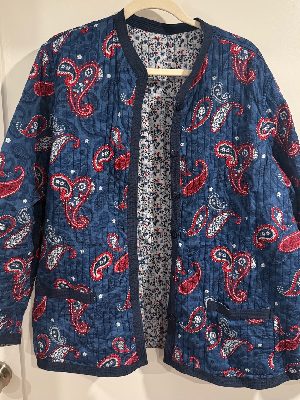 Reversible Quilted Navy Paisley & White Floral Jacket - Women's Lightweight Coat